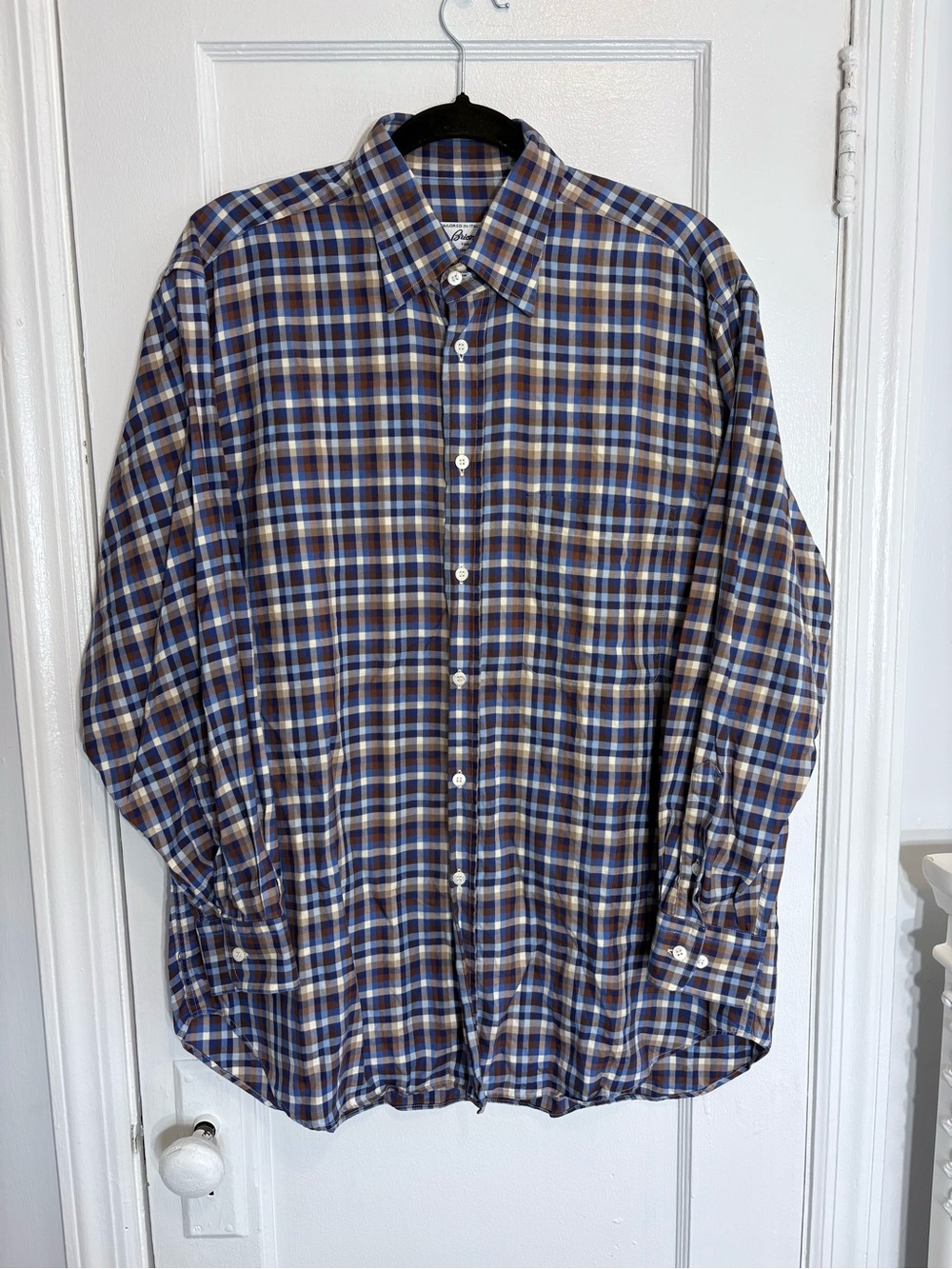 Brioni Men's Blue and Brown Plaid Button-Down Shirt